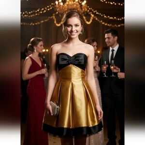 Jessica McClintock For Gunne Sax Gold and Black Satin Cocktail Dress Size 7